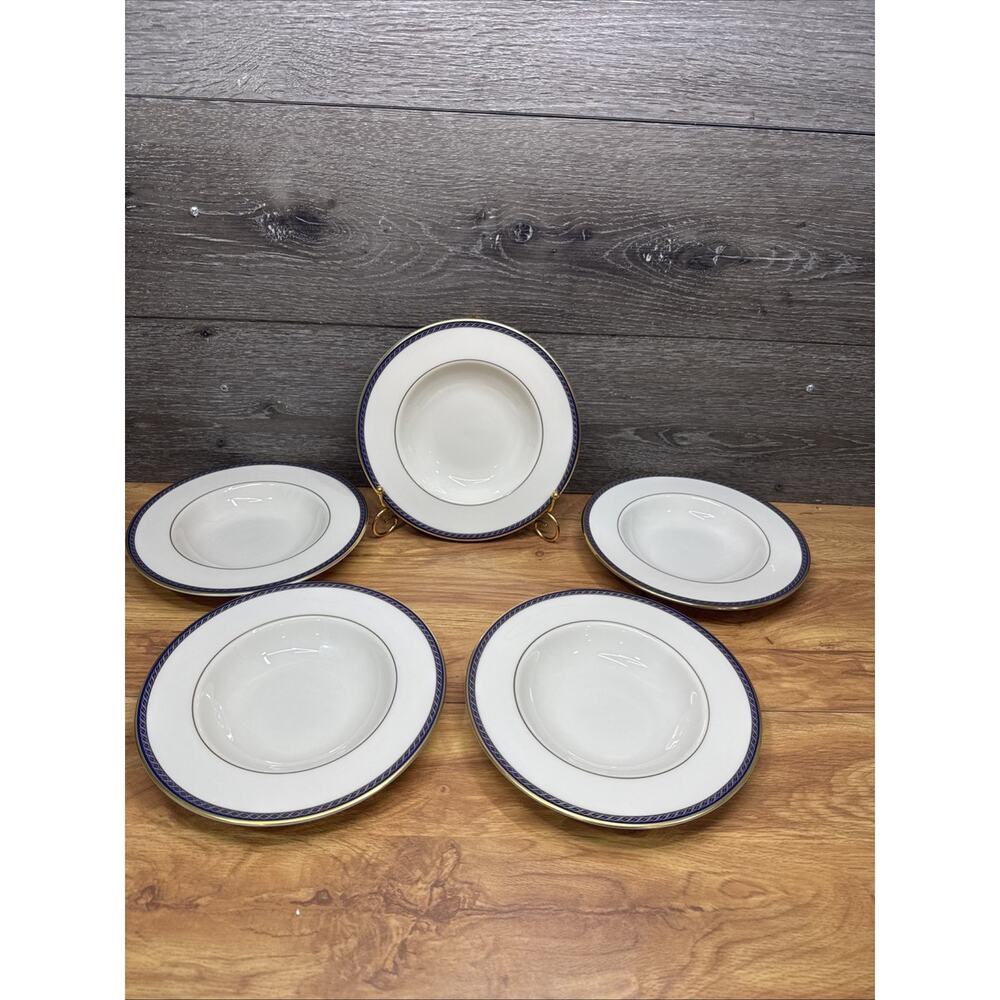 Lenox Hamilton Presidential 8-3/8” Rimmed Soup Bowl Cobalt Blue Gold~5 Pc Set
